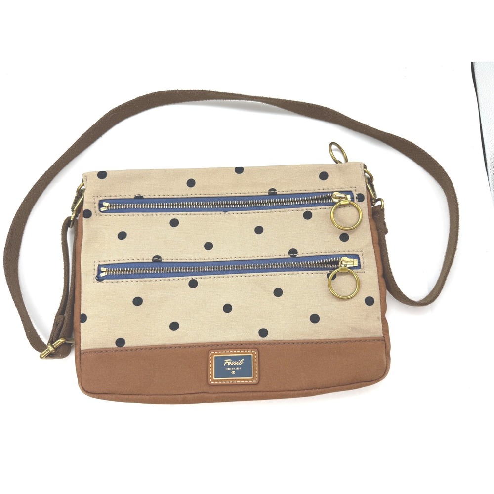 Fossil Polka Dot Canvas Crossbody Bag Tan Brown Blue Multi Pocket Messenger